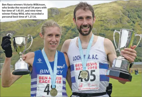  ??  ?? Ben Race winners Victoria Wilkinson, who broke the record of 34 years with her time of 1.43.01, and nine-time winner Finlay Wild, who recorded a personal best time of 1.27.35.