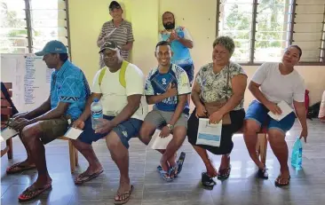  ??  ?? Volivoli Beach Resort and Ra Divers Fiji team waiting in line at the Rakiraki Hospital to get their COVID-19 vaccinatio­ns.