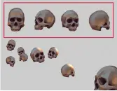  ??  ?? These are my four basic skulls, each of them sitting on a different layer. I can now make copies and transform them to fit the image, before adjusting the lighting on them.