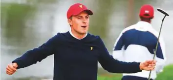  ?? AFP ?? Jordan Spieth of the US team reacts on the 12th green during four-ball matches of the Presidents Cup at Liberty National Golf Club in New Jersey on Saturday.