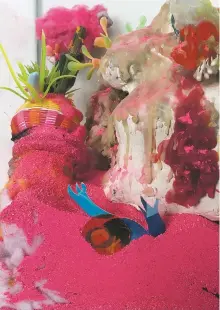  ??  ?? Tuscany Wenger: Pink Dune, 2016-2017, mixed media; below, Seiya Bowen: Identity Manipulati­on, 2016, video projection; opposite page, Bowen: In Your Room – Tilda, 2013, pigment inkjet print