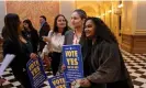  ?? March. Photograph: José Luis Villegas/AP ?? Califiorni­a state senator Aisha Wahab, center, with Thenmozhi Soundarara­jan, right, promote a bill which adds caste as a protected category in the state’s anti-discrimina­tion laws, in Sacramento in