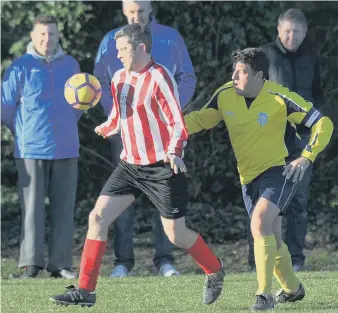  ??  ?? Wearmouth Old Boys (stripes) take on Durham County in the Over-40s League. Pictures by Tim Richardson