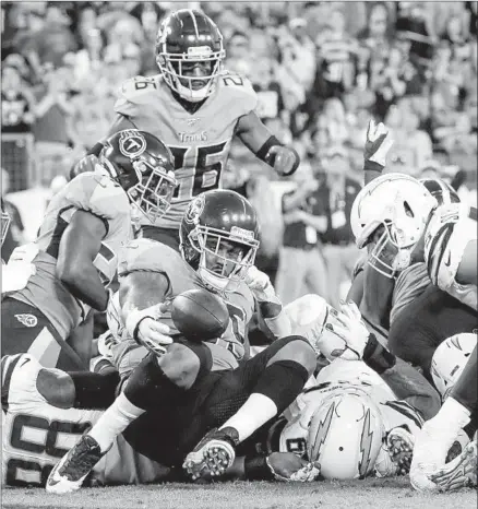  ?? Robert Gauthier Los Angeles Times ?? THE TITANS thwarted the Chargers with this fumble recovery at the goal line last week, dropping L.A. to 1-5 in one-score games.