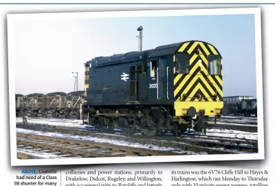  ??  ?? ABOVE: Coalville had need of a Class 08 shunter for many
years to service Mantle Lane yard; they were initially supplied by Burton
shed and later by Leicester. Burton’s
3025, recently outshopped in BR blue, stands in the yard in August 1971.
(Rail Online)