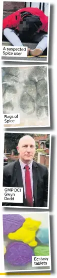  ??  ?? A suspected Spice user Bags of Spice GMP DCI Gwyn Dodd Ecstasy tablets