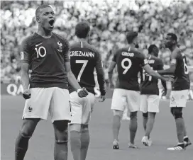  ?? [DAVID VINCENT/ASSOCIATED PRESS FILE] ?? France’s Kylian Mbappe celebrates after scoring his side’s third goal during their round of 16 match against Argentina, June 30 at the 2018 soccer World Cup at the Kazan Arena in Kazan, Russia.