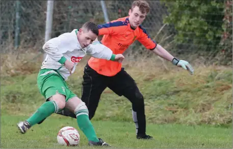  ?? Pictures: Paul Connor ?? Barry Kavanagh fires home to give Duleek a 2-0 lead over Carrick at the Tollstone.