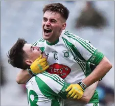  ??  ?? Rory Murphy, left, and Dara Devine of Na Gaeil celebrate at the final whistle of the AIB GAA Football All-Ireland Junior Club Championsh­ip Final Photo by BenMcShane / Sportsfile