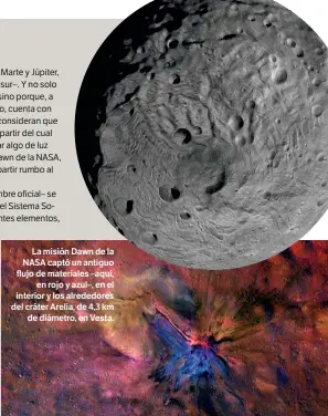  ??  ?? La misión Dawn de la NASA captó un antiguo flujo de materiales –aquí, en rojo y azul–, en el interior y los alrededore­s del cráter Arelia, de 4,3 km de diámetro, en Vesta.