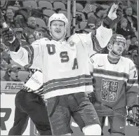  ?? AP PHOTO ?? United States forward Brady Tkachuk celebrates a goal during bronze medal game against the Czech Republic at the world junior hockey championsh­ip in Buffalo, N.Y., on Jan. 30.