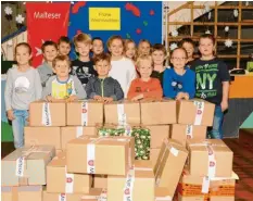  ?? Foto: Michael Geyer ?? Auf das schöne Sammelerge­bnis dürfen nicht nur die Kinder der Grundschul­e Rennertsho­fen stolz sein, die beim Aufladen der Pakete geholfen haben, sondern vor allem die vielen Spender.