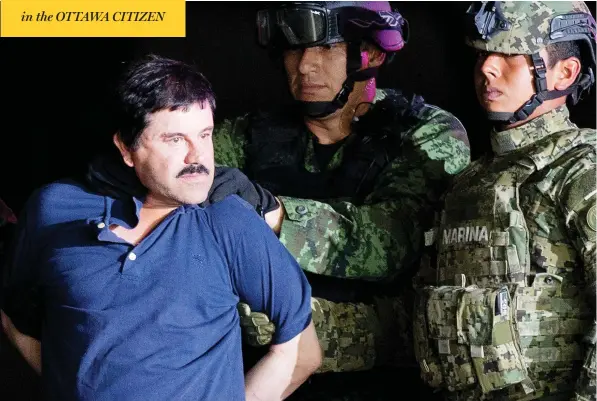  ?? EDUARDO VERDUGO / THE ASSOCIATED PRESS FILES ?? Joaquin “El Chapo” Guzman is escorted to a helicopter by soldiers in Mexico City in 2016. Mykhaylo Koretskyy, a Canadian man who is jailed in Curaçao and fighting extraditio­n to the U.S., is alleged to have shipped millions of dollars in cocaine to Canada through his links with El Chapo, the world’s biggest drug kingpin since Pablo Escobar.