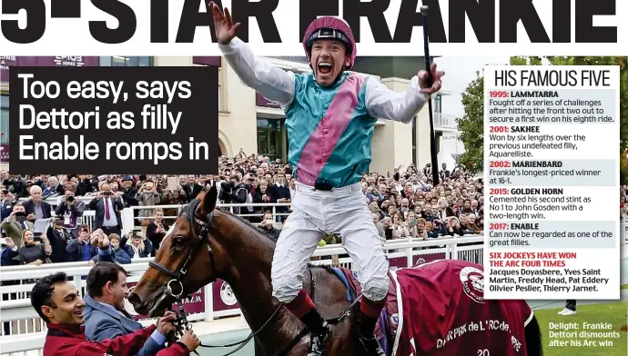  ??  ?? Delight: Frankie Dettori dismounts after his Arc win