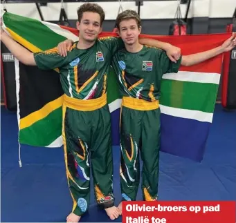  ?? Foto verskaf ?? Audan Olivier en Anando Olivier van die Ranger Grebe-skopbokskl­ub vertrek Vrydag 30 September na Italië waar hulle aan die junior WAKOwêreld­kampioensk­appe gaan deelneem.