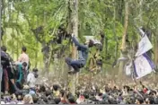  ?? AP PHOTO ?? A man climbs a tree to watch the funeral of Hizbul militant Saddam Padder in Heff village, near Srinagar, on Sunday.