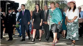  ?? GETTY IMAGES ?? National Party leader Simon Bridges, left, Prime Minister Jacinda Ardern, Deputy Prime Minister Winston Peters and Green Party leader James Shaw with Dame Naida Glavish and Green MP Marama Davidson arrive for a powhiri at the upper marae in Waitangi yesterday.