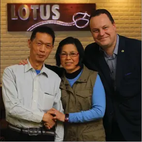  ?? Picture: Colin Mearns ?? Eric Chan and his wife with Chris Stephens MP at the award winning Lotus Vegetarian restaurant in Bridge Street, Glasgow