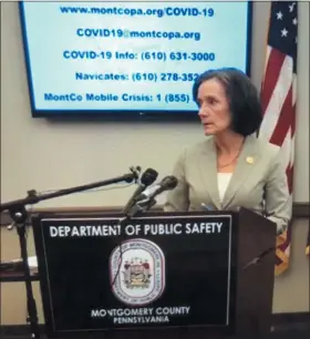  ?? RACHEL RAVINA - MEDIANEWS GROUP ?? Montgomery County Commission­ers Chairwoman Dr. Valerie Arkoosh answers a question during a recent COVID-19press briefing at the county’s Emergency Operation Center in Eagleville.