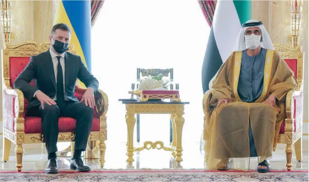  ?? WAM ?? Sheikh Mohammed receives Volodymyr ↑ Zelensky, President of Ukraine, on Monday.