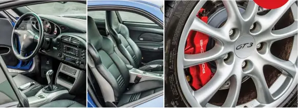  ??  ?? Gen 2 GT3 interior is a wonderful place to be, with figurehugg­ing seats but full trim, except for rear seat delete; stock brakes with six-pot front calipers are more than enough for road use