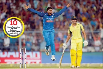  ?? Reuters ?? India’s Kuldeep Yadav celebrates after dismissing Australia’s Pat Cummins for his hat trick. —