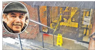  ??  ?? TRAGEDY: Blood stains the pavement at an East 93rd Street building entrance where doorman Miguel Gonzalez (inset) fell while shoveling snow Thursday, suffering a fatal cut as he crashed through the glass.