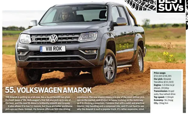  ??  ?? Price range: £32,503-£39,391 Our pick: Amarok Trendline (£32,503) Engine: 3.0-litre 6cyl diesel, 201bhp Transmissi­on: 8-spd auto, four-wheel drive Top speed: 119mph Economy: 36.2mpg CO2: 204g/km