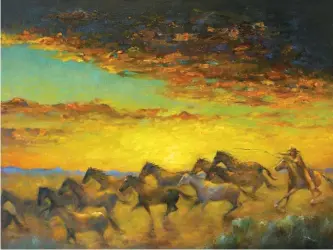  ??  ?? Clockwise from left:
Lonesome Dove Gallery, Sunset Ridge, oil on canvas, 30 x 40", by Robert Dove.
Lonesome Dove Gallery, Dancing Horses, oil on canvas, 48 x 36", by Robert Dove.