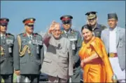  ??  ?? President Pranab Mukherjee with his Nepalese counterpar­t Bidhya Devi Bhandari (right) in Kathmandu on Wednesday. AP