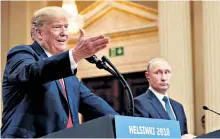  ??  ?? Power politics: Mr Trump sparked outrage by kowtowing to Mr Putin in Helsinki last month