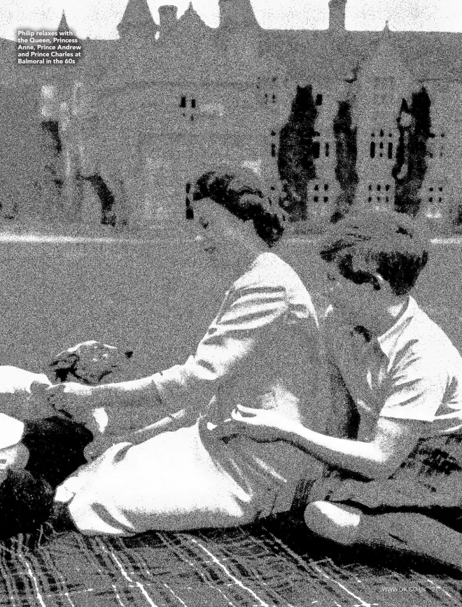  ??  ?? Philip relaxes with the Queen, Princess Anne, Prince Andrew and Prince Charles at Balmoral in the 60s