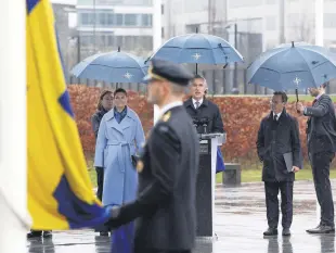  ?? ?? (From L) Sweden’s Crown Princess Victoria, NATO chief Jens Stoltenber­g and Swedish Prime Minister Ulf Kristersso­n attend a flag-raising ceremony, Brussels, Belgium, March 11, 2024.