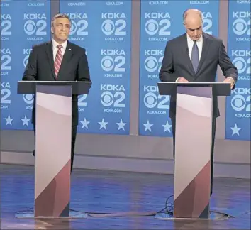  ?? Pam Panchak/Post-Gazette ?? U.S. Senate candidates Rep. Lou Barletta, R-Hazleton, left, and Sen. Bob Casey, D-Pa., before a debate Friday at KDKA studios in Downtown.