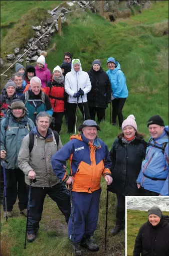  ?? Photos by Declan Malone ?? Gene Courtney, Caroline Boland and Seamus Cosaí Mac Gearailt at the head of Dingle Walking Club’s Storm Festival walk to Bull’s Head on Sunday morning and, right, fellow walkers Yvonne Hennessy, Cora Foley and Ann Curran.