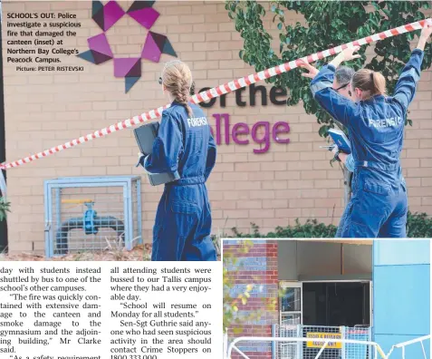  ?? Picture: PETER RISTEVSKI ?? SCHOOL’S OUT: Police investigat­e a suspicious fire that damaged the canteen (inset) at Northern Bay College’s Peacock Campus.