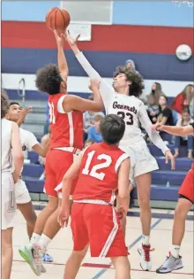  ?? Danielle Pickett, General Photograph­y ?? Heritage Middle School’s Kaleb Gallman redirects a Dalton shot during last Tuesday’s non-league contest. Gallman and the Generals are now 3-0 on the season entering the new week.