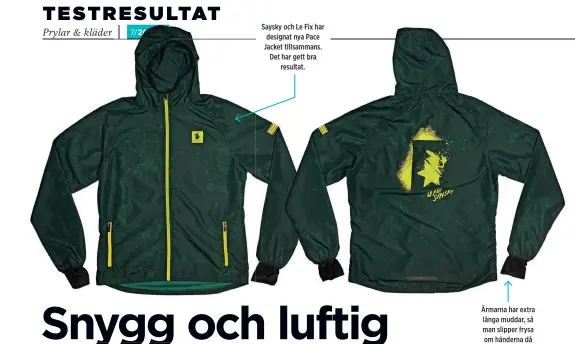  ?? ?? Saysky och Le Fix har designat nya Pace Jacket tillsamman­s. Det har gett bra resultat. Ärmarna har extra långa muddar, så man slipper frysa om händerna då det är kallt ute.