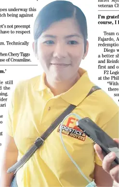  ?? PHOTOGRAPH COURTESY OF F2 ?? REGINE Diego admits feeling the pressure but is looking forward to calling the shots for F2 Logistics in the PVL All-Filipino Conference.