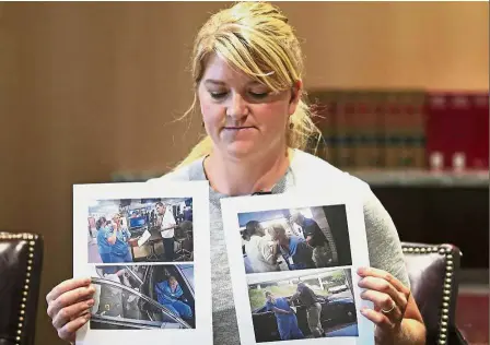  ??  ?? Unfair treatment: Wubbels displaying video frame grabs from Salt Lake City Police Department body cams of herself being taken into custody, during an interview in Salt Lake City.