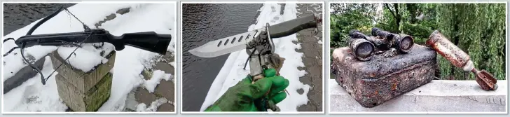  ??  ?? DEADLY: The crossbow he dredged up from a Manchester waterway MENACING: Another knife Gareth pulled from the water DANGER: Second World War items, including an unexploded mortar shell