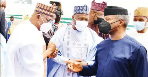  ??  ?? Vice President Yemi Osinbajo ( right); Gombe State Governor, Muhammadu Yahaya; and Senator Danjuma Goje during the VP’S visit to Gombe… yesterday