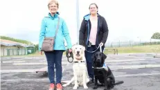  ??  ?? De gauche à droite : Leslie Puraye et Jocelyne Baudoin accompagné­es des chiens Nesquik (blanc) et Monoï (noir).