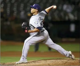  ?? BEN MARGOT — THE ASSOCIATED PRESS ?? Tampa Bay Rays pitcher Jaime Schultz throws to an Oakland Athletics batter during the seventh inning of a baseball game Tuesday in Oakland