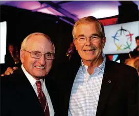  ?? CONTRIBUTE­D ?? Ex-UGA All-American Billy Payne (right), who played for Vince Dooley (left), allegedly led lobbying efforts of UGA football lettermen for Dooley Field to happen.