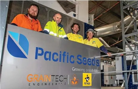  ?? Photo: Contribute­d ?? MAJOR PROJECT: Celebratin­g the installati­on of the new processing plant are (from left) Joe McDonald from Graintech Engineerin­g with Craig Coleborn, Tim Rathbone and Angus Rathie from Pacific Seeds.