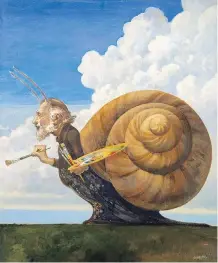  ?? LIBRARY AND ARCHIVES CANADA ?? Pioneering Canadian illustrato­r James Hill presented himself as a snail in this 1979 oil painting.