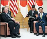  ?? AP/EUGENE HOSHIKO ?? Secretary of State Mike Pompeo (left) and Japanese Prime Minister Shinzo Abe (right) meet Saturday in Abe’s office in Tokyo. Pompeo held talks with Japanese officials ahead of his trip to North Korea.
