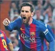  ?? REUTERS ?? Lionel Messi celebrates after scoring Barcelona’s third goal against Real Madrid at the Bernabeu on Sunday.