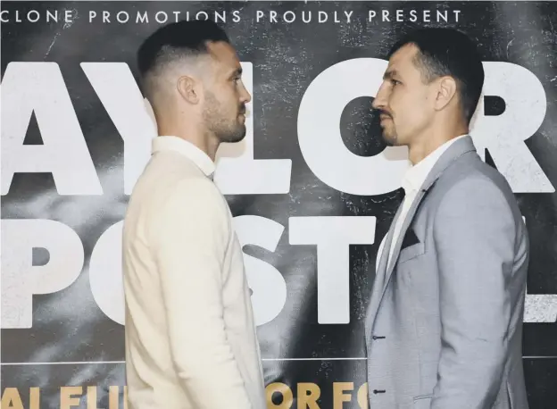  ??  ?? 0 Scotland’s Josh Taylor and Ukrainian Viktor Postol went head to head in Glasgow to preview their super lightweigh­t world title eliminator at the SSE Hydro next month.